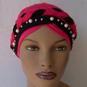 Pink/Black Instant Turban Trendy Cap  Braided Pearl Bead Fashion Hijab Headcover